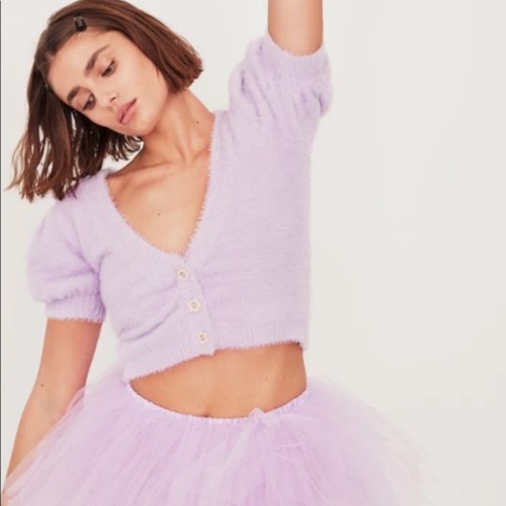 For Love & Lemons Lavender Fuzzy Cropped Cardigan